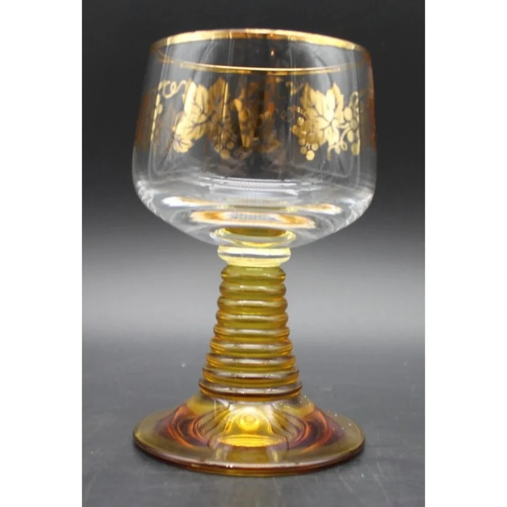 Vintage Romer Cordial Glasses Amber Beehive Stem Gold White Floral Set of 2
